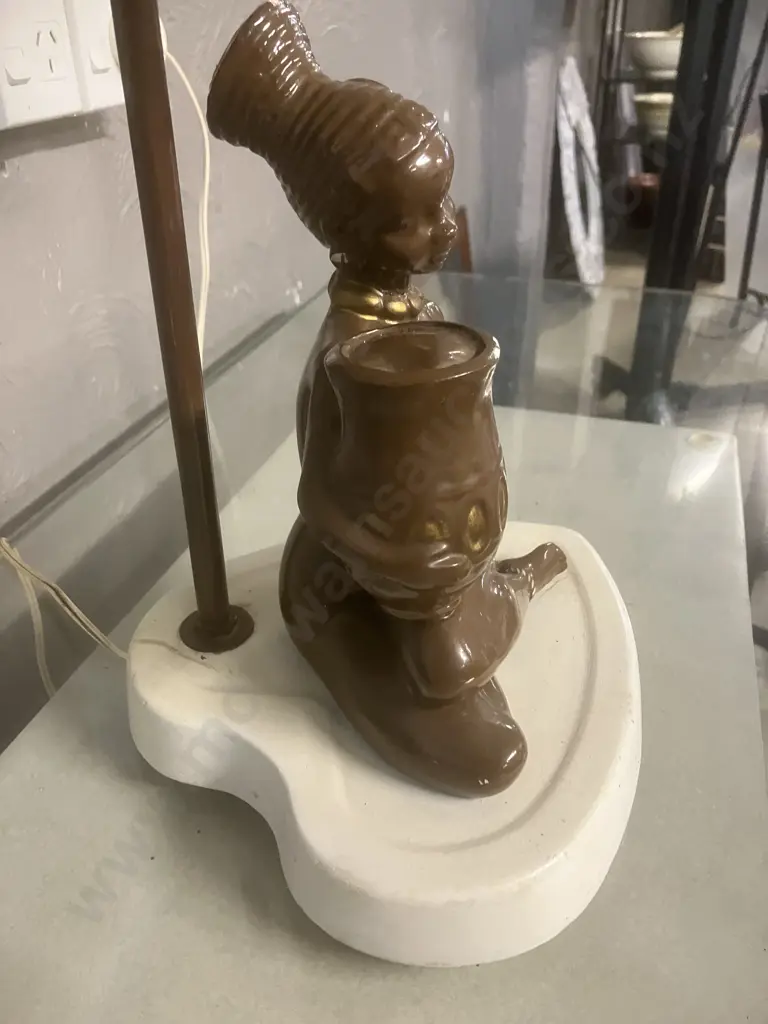 Vintage 1960s Brown Naked African Woman Figural Table Lamp With Lotus Flower Shade. 50cm Image 1++