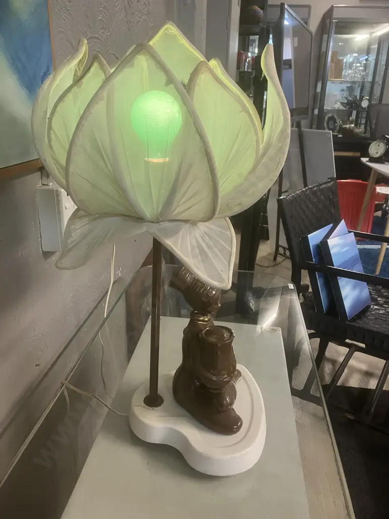 Vintage 1960s Brown Naked African Woman Figural Table Lamp With Lotus Flower Shade. 50cm Image 1++