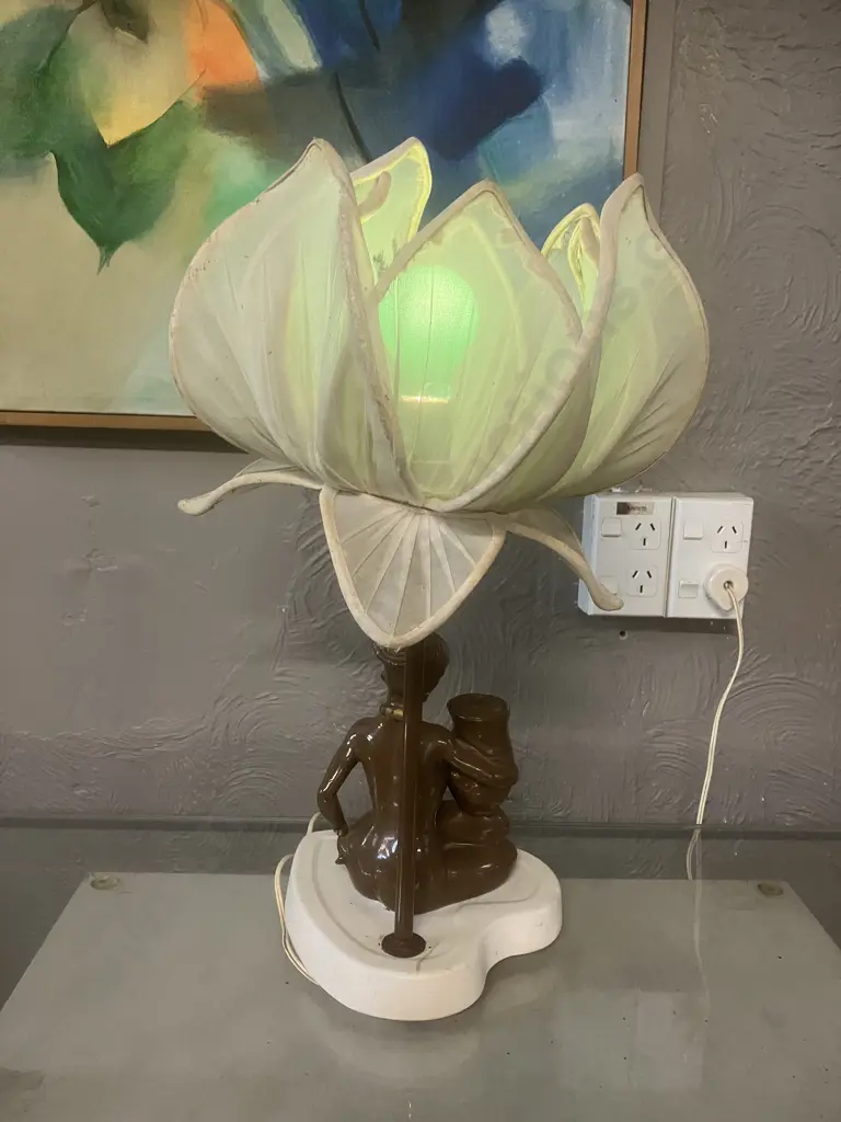 Vintage 1960s Brown Naked African Woman Figural Table Lamp With Lotus Flower Shade. 50cm Image 1++