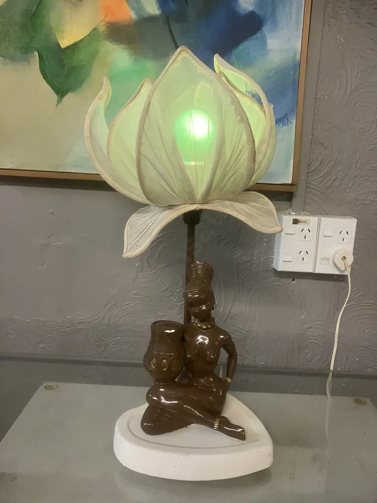 Vintage 1960s Brown Naked African Woman Figural Table Lamp With Lotus Flower Shade. 50cm Image 1++
