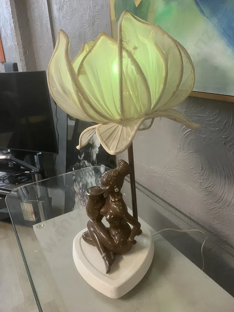 Vintage 1960s Brown Naked African Woman Figural Table Lamp With Lotus Flower Shade. 50cm Image 1++
