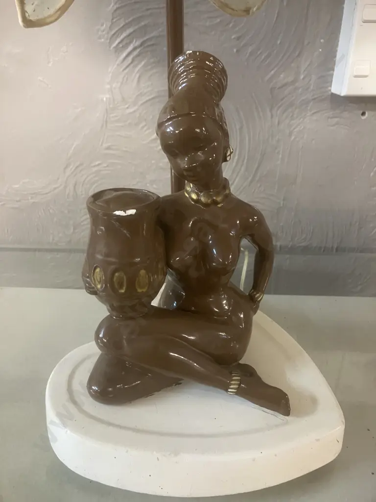 Vintage 1960s Brown Naked African Woman Figural Table Lamp With Lotus Flower Shade. 50cm Image 1++