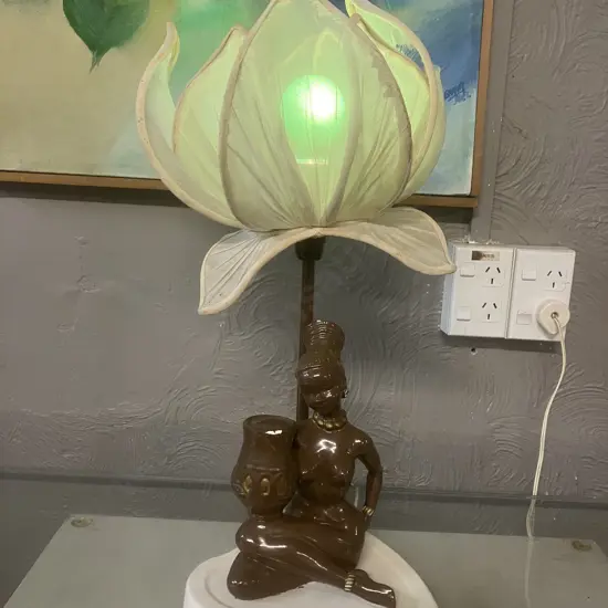 Vintage 1960s Brown Naked African Woman Figural Table Lamp With Lotus Flower Shade. 50cm