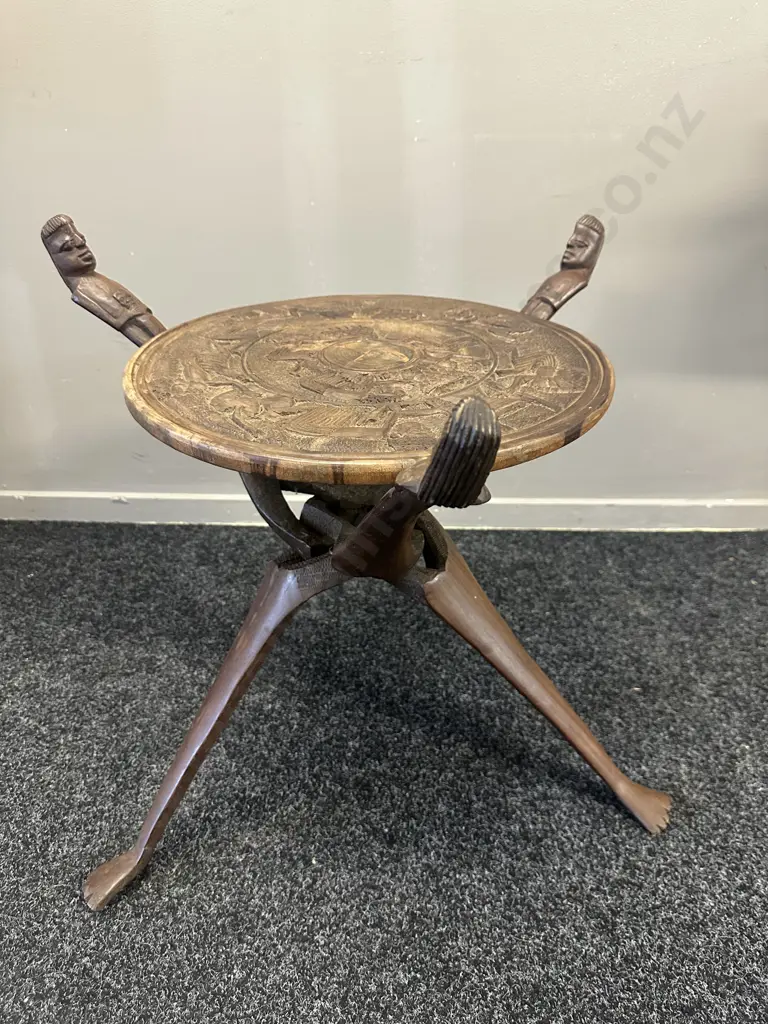 African Handcrafted Wood Three Legged Interlocking Side Table Image 1++