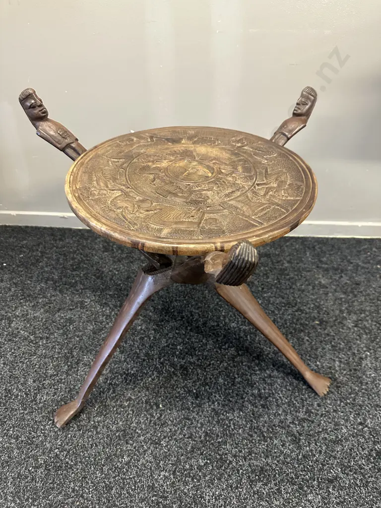 African Handcrafted Wood Three Legged Interlocking Side Table Image 1++