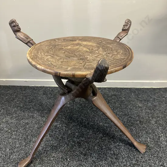 African Handcrafted Wood Three Legged Interlocking Side Table