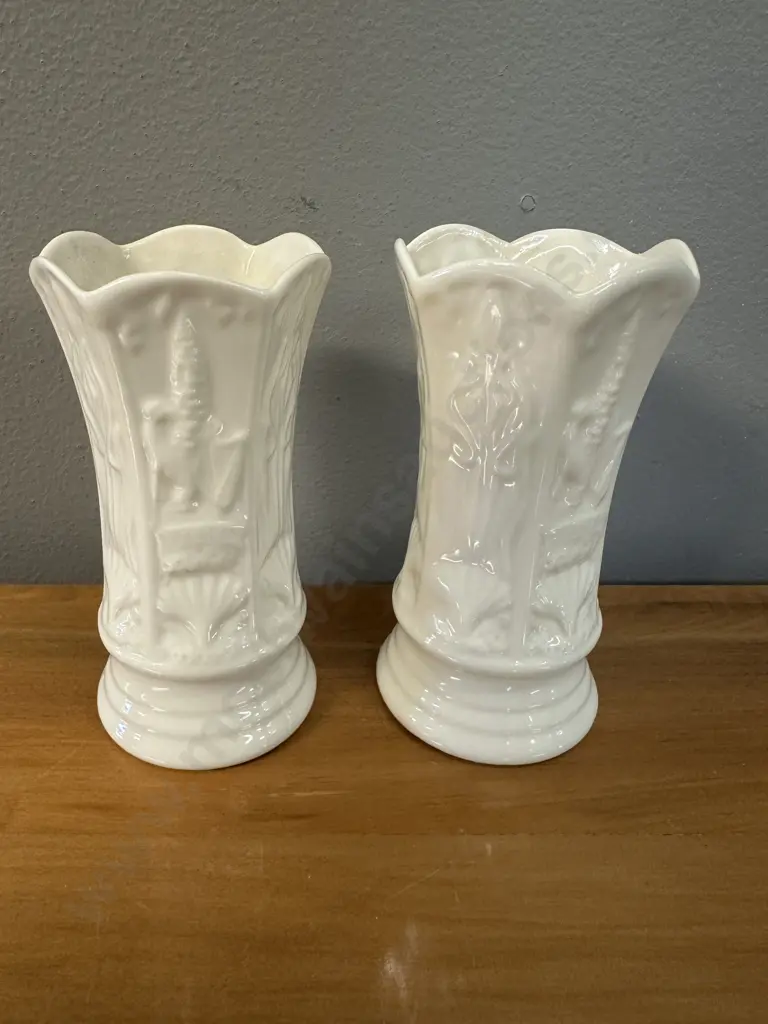 Pair Of Belleek Six Sided Vintage Shell Embossed Spill Vases H11cm. Image 1++
