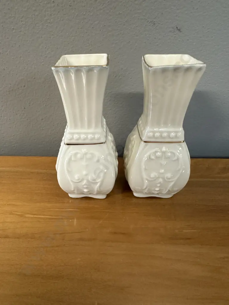 Pair Of Belleek 'Toy Panel' Bud Vases H10cm. Image 1++