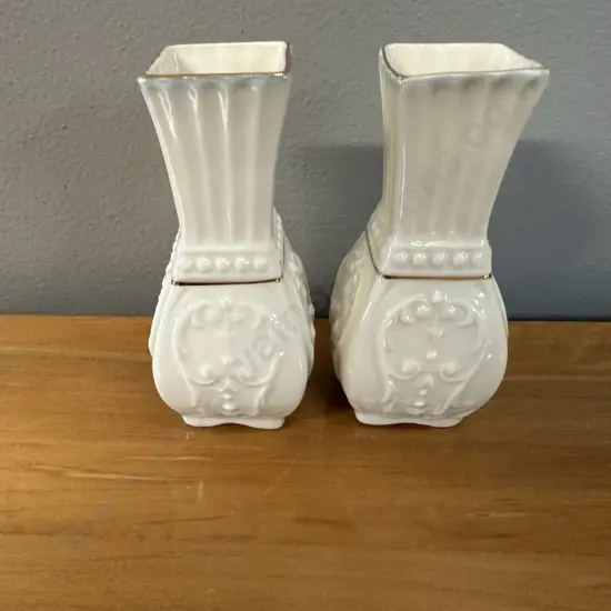 Pair Of Belleek 'Toy Panel' Bud Vases H10cm.