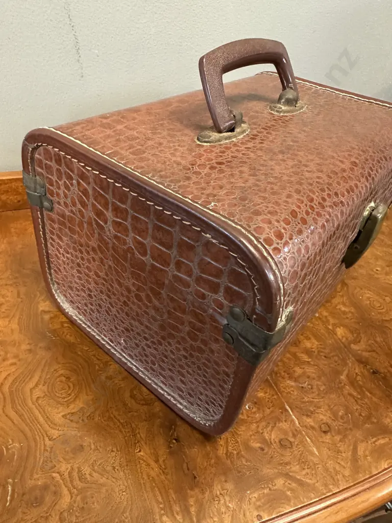 Vintage Faux Alligator Train Case With Brass Latch H18 W31 D18cm. Image 1++