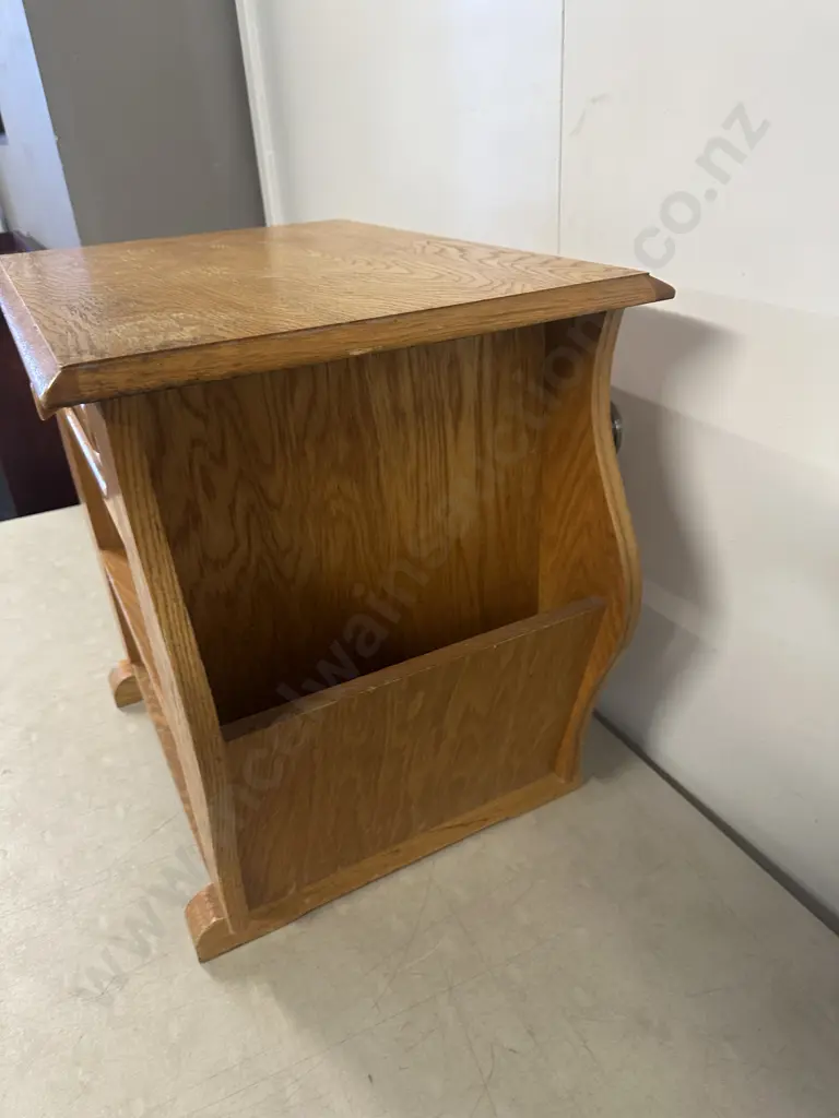 Vintage Golden Oak Side Table Moulded Drawer Above Two Lower Shelves With Curved Side Panels H50 W59 D39cm. Image 1++