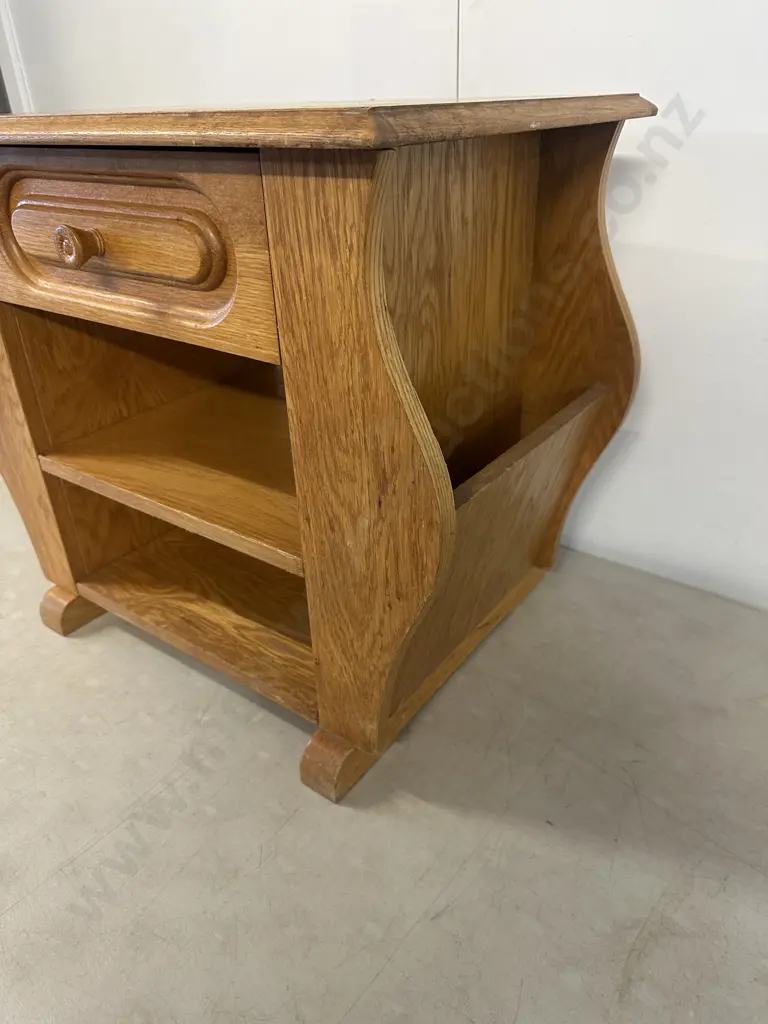 Vintage Golden Oak Side Table Moulded Drawer Above Two Lower Shelves With Curved Side Panels H50 W59 D39cm. Image 1++