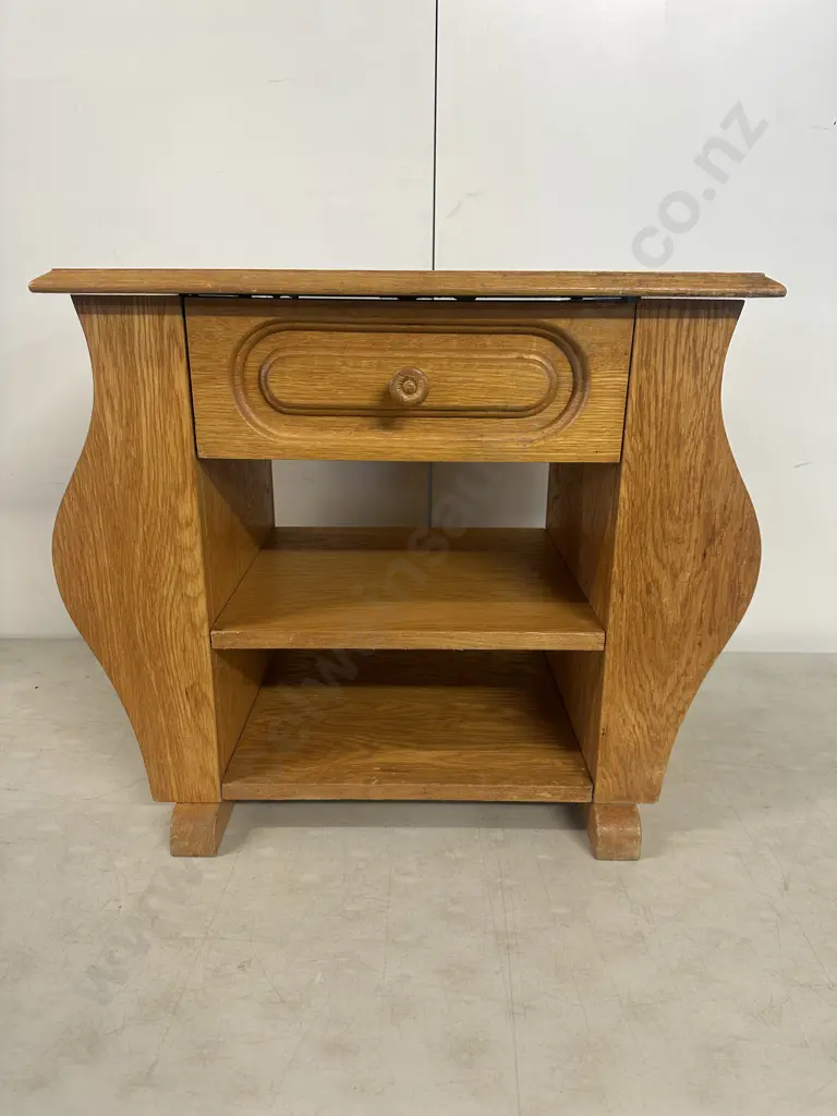 Vintage Golden Oak Side Table Moulded Drawer Above Two Lower Shelves With Curved Side Panels H50 W59 D39cm. Image 1++