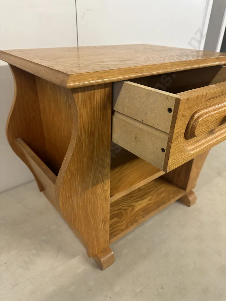 Vintage Golden Oak Side Table Moulded Drawer Above Two Lower Shelves With Curved Side Panels H50 W59 D39cm. Image 1++