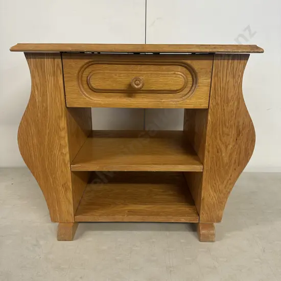 Vintage Golden Oak Side Table Moulded Drawer Above Two Lower Shelves With Curved Side Panels H50 W59 D39cm.