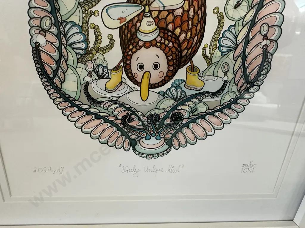 Framed Artwork Signed By Denise Fort Titled Unique Kiwi & Cheeky Kea Image 1++