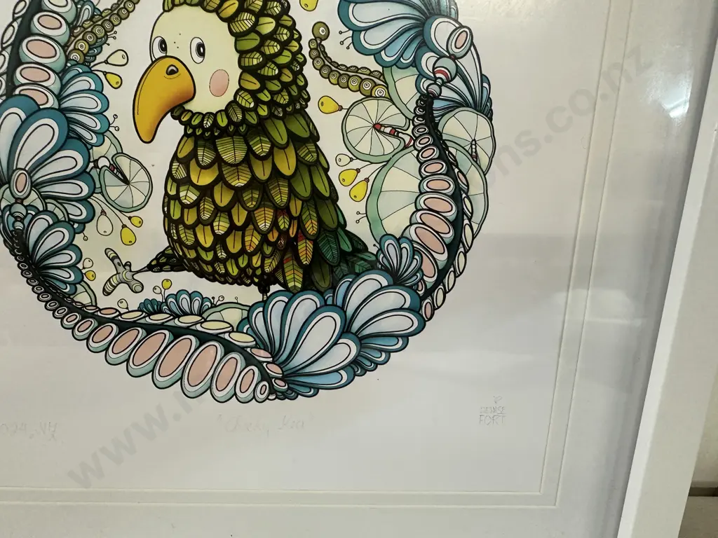 Framed Artwork Signed By Denise Fort Titled Unique Kiwi & Cheeky Kea Image 1++
