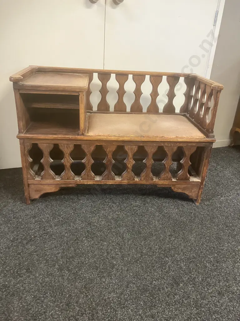 Vintage Oak Telephone Bench With Upholstered Seat. H68 W99 D45cm Image 1++