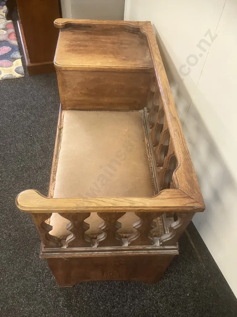 Vintage Oak Telephone Bench With Upholstered Seat. H68 W99 D45cm Image 1++