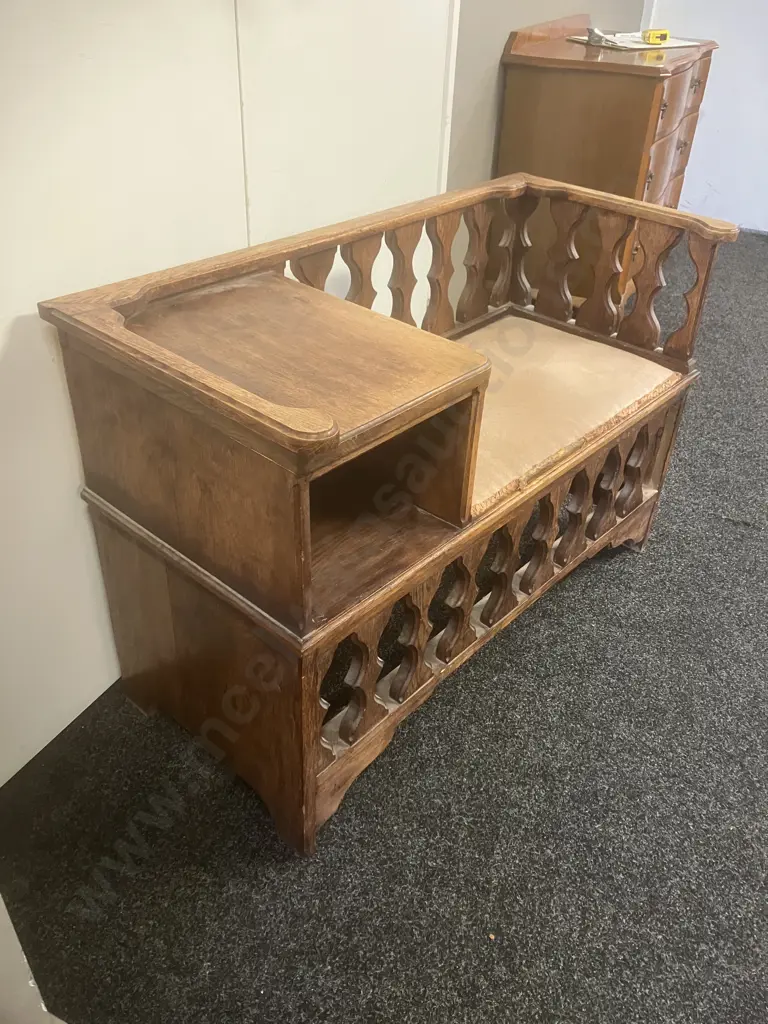 Vintage Oak Telephone Bench With Upholstered Seat. H68 W99 D45cm Image 1++