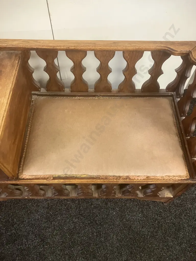 Vintage Oak Telephone Bench With Upholstered Seat. H68 W99 D45cm Image 1++