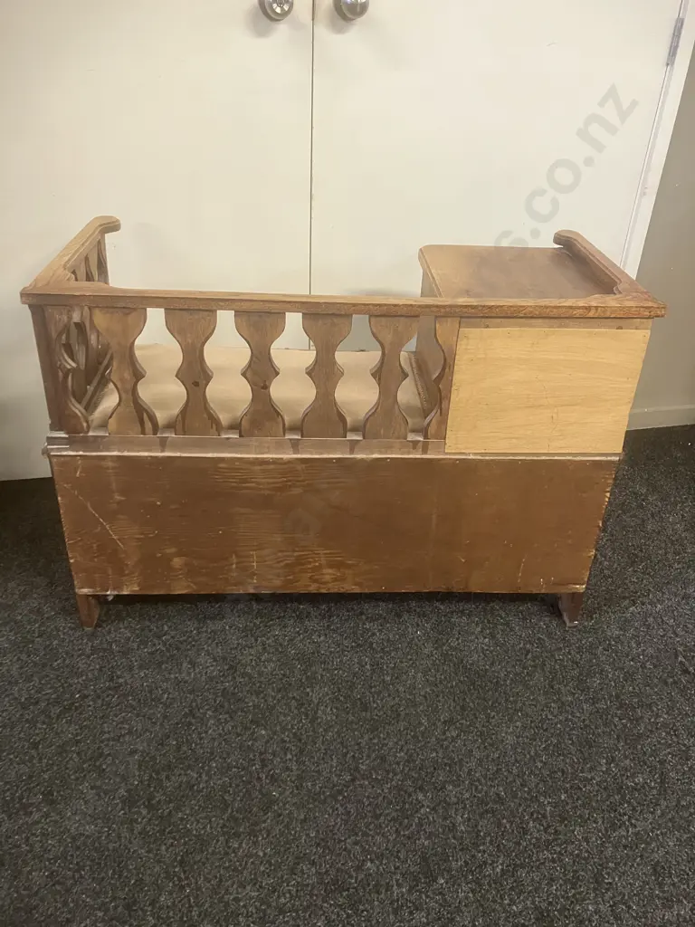 Vintage Oak Telephone Bench With Upholstered Seat. H68 W99 D45cm Image 1++