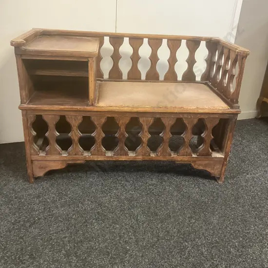 Vintage Oak Telephone Bench With Upholstered Seat. H68 W99 D45cm