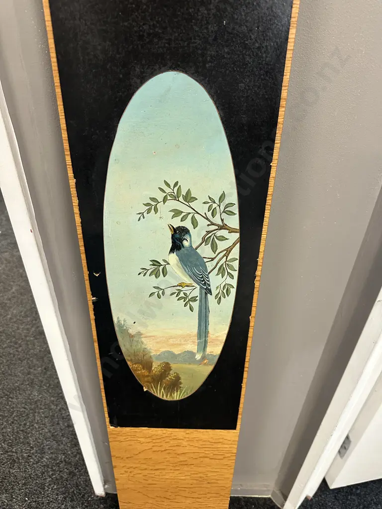 Oval Vintage Hand Painted Landscape Panel Artwork Blue Bird With Longtail Perched. 122 x 22cm Image 1++
