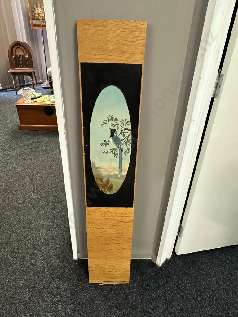 Oval Vintage Hand Painted Landscape Panel Artwork Blue Bird With Longtail Perched. 122 x 22cm Image 1++