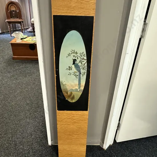 Oval Vintage Hand Painted Landscape Panel Artwork Blue Bird With Longtail Perched. 122 x 22cm