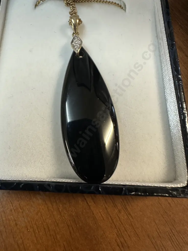 Stewart Dawson Black Onyx ? Teardrop Necklace & Earrings Stamped 375 On Pendant Image 1++