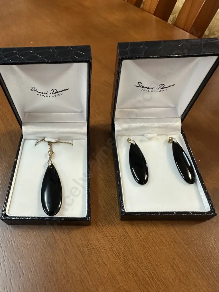 Stewart Dawson Black Onyx ? Teardrop Necklace & Earrings Stamped 375 On Pendant Image 1++