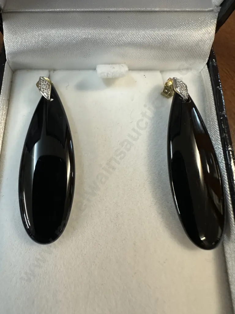 Stewart Dawson Black Onyx ? Teardrop Necklace & Earrings Stamped 375 On Pendant Image 1++