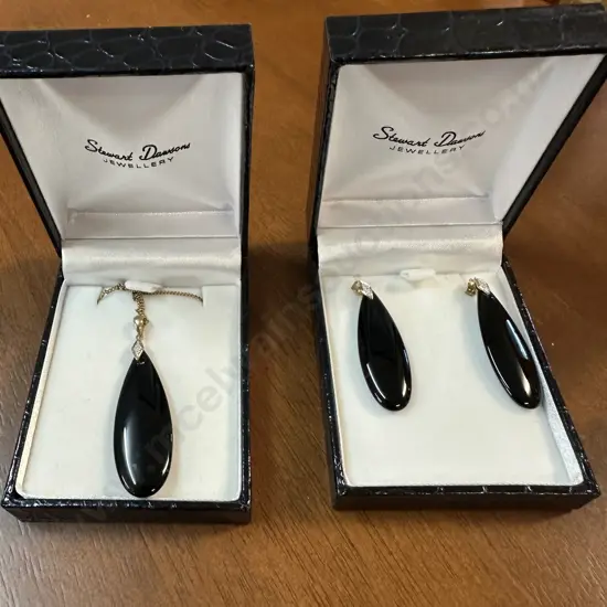 Stewart Dawson Black Onyx ? Teardrop Necklace & Earrings Stamped 375 On Pendant