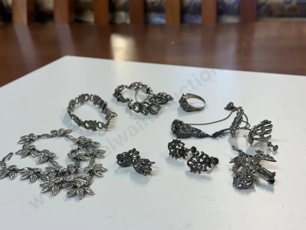 Vintage Marcasite Costume Jewellery Including Necklaces, Bracelets, Ring & Earrings Image 1++