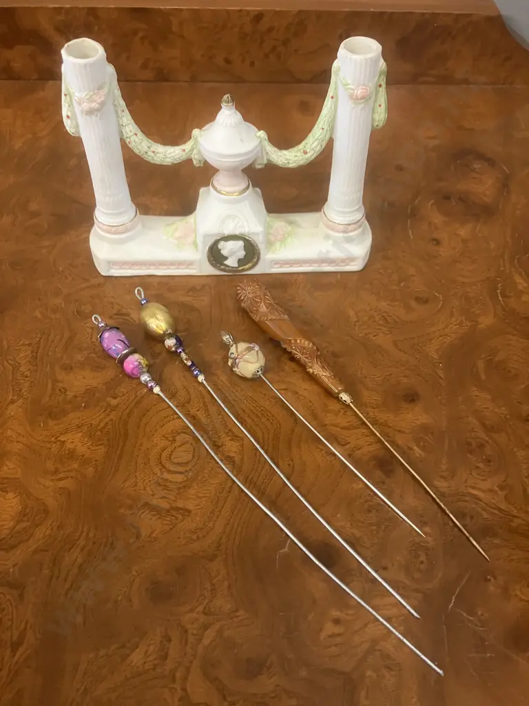 Four Antique Hatpins (One Amber) With Bisque Neoclassical Double Candlestick Image 1++