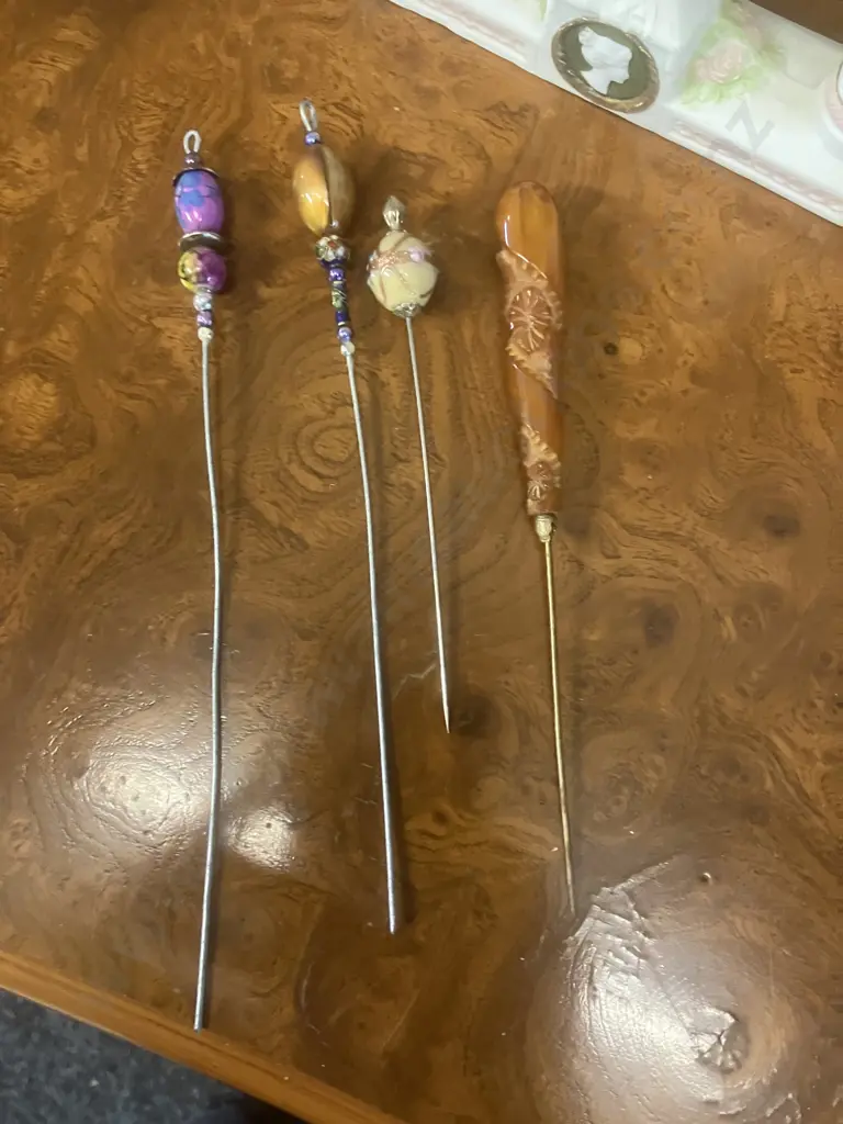Four Antique Hatpins (One Amber) With Bisque Neoclassical Double Candlestick Image 1++