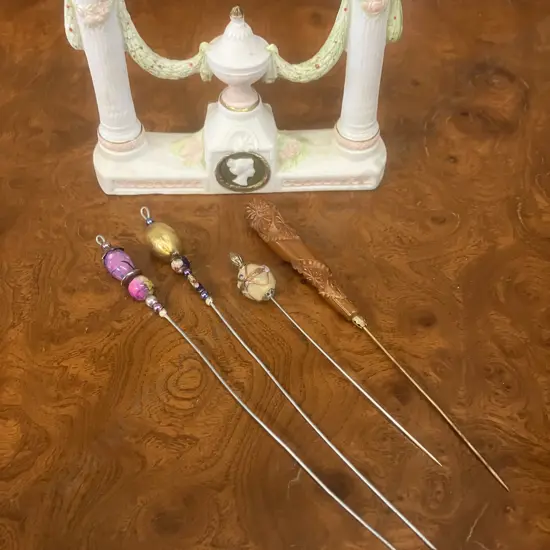 Four Antique Hatpins (One Amber) With Bisque Neoclassical Double Candlestick