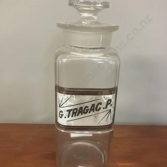 Antique Whitall Tatum Flint Glass Apothecary Jar & Stopper  - Label Under Glass. "G.TRAGAC.P." 1901-1924 (H19.5cm)