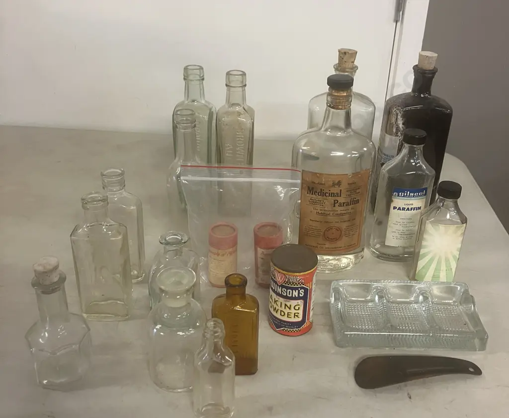 Assorted Vintage Bottles, Winsons Baking Powder Tin, Pressed Glass Desk Organiser Etc Image 1++