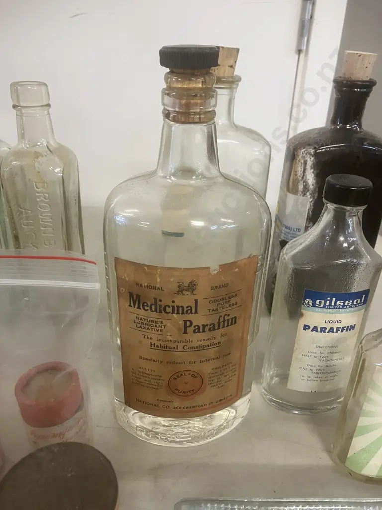 Assorted Vintage Bottles, Winsons Baking Powder Tin, Pressed Glass Desk Organiser Etc Image 1++
