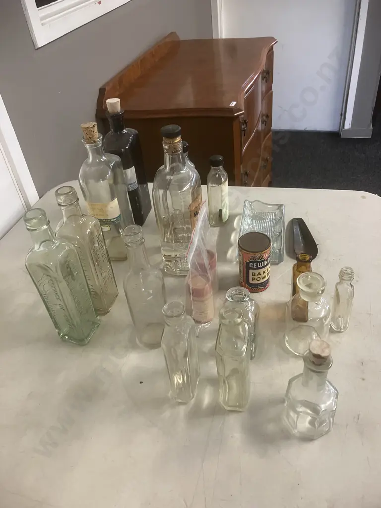 Assorted Vintage Bottles, Winsons Baking Powder Tin, Pressed Glass Desk Organiser Etc Image 1++