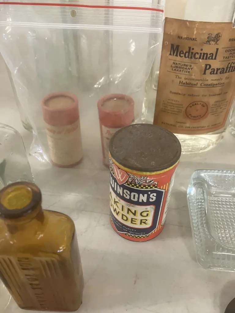 Assorted Vintage Bottles, Winsons Baking Powder Tin, Pressed Glass Desk Organiser Etc Image 1++