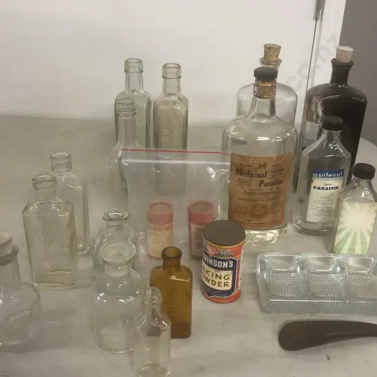 Assorted Vintage Bottles, Winsons Baking Powder Tin, Pressed Glass Desk Organiser Etc