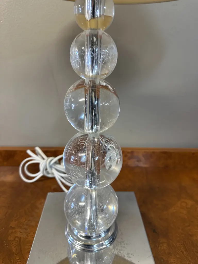 Modernist Table Lamp Clear Stacked Ball Detail Polished Chrome Base Linen Image 1++