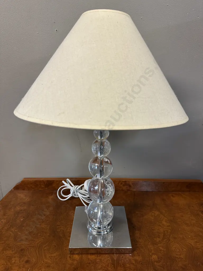 Modernist Table Lamp Clear Stacked Ball Detail Polished Chrome Base Linen Image 1++