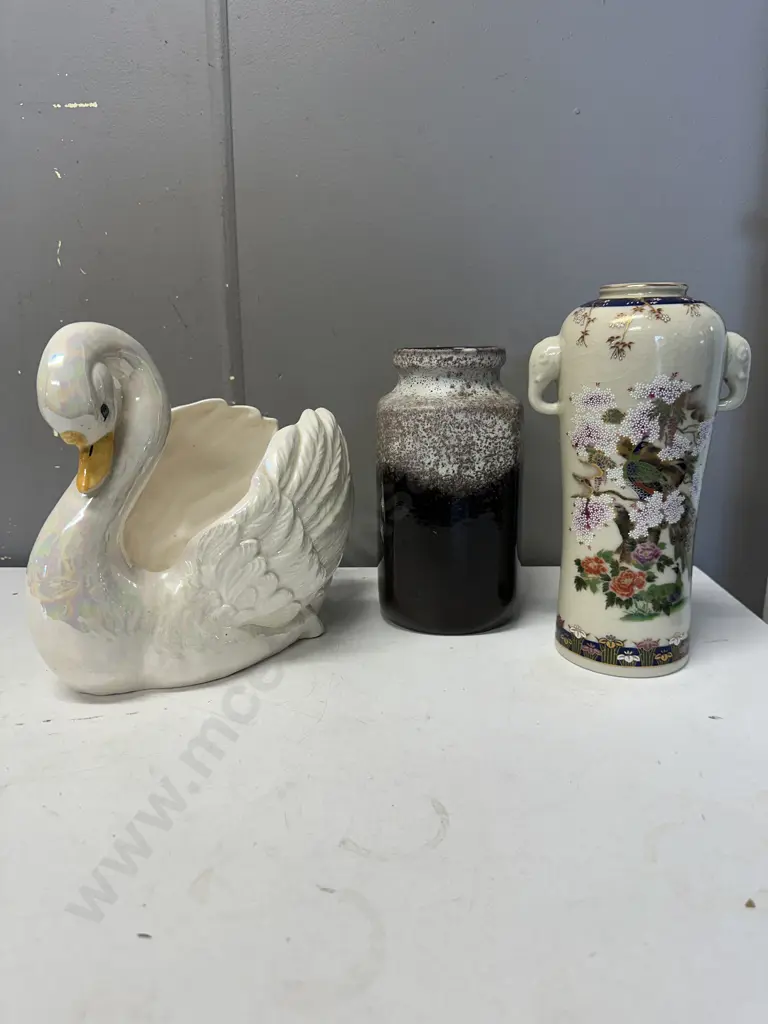 Oriental Themed Vase, West German Vase & Pearl Lustre Ceramic Duck Image 1++