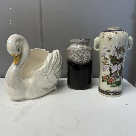 Oriental Themed Vase, West German Vase & Pearl Lustre Ceramic Duck