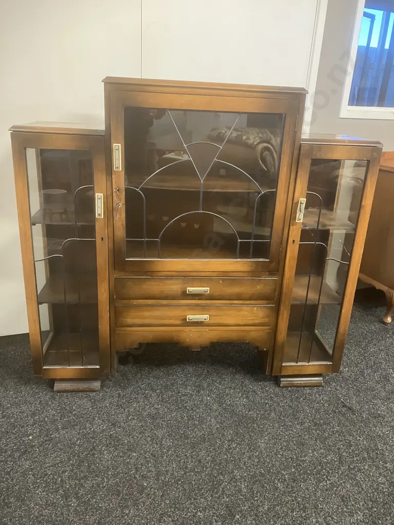 Art Deco Leadlight China Display Cabinet With Key & Original Handles, 2 Drawers. H112 W118 D31cm (As Found) Image 1++