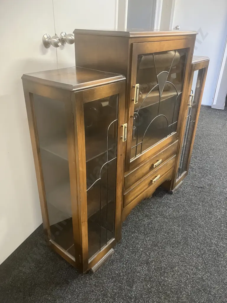 Art Deco Leadlight China Display Cabinet With Key & Original Handles, 2 Drawers. H112 W118 D31cm (As Found) Image 1++